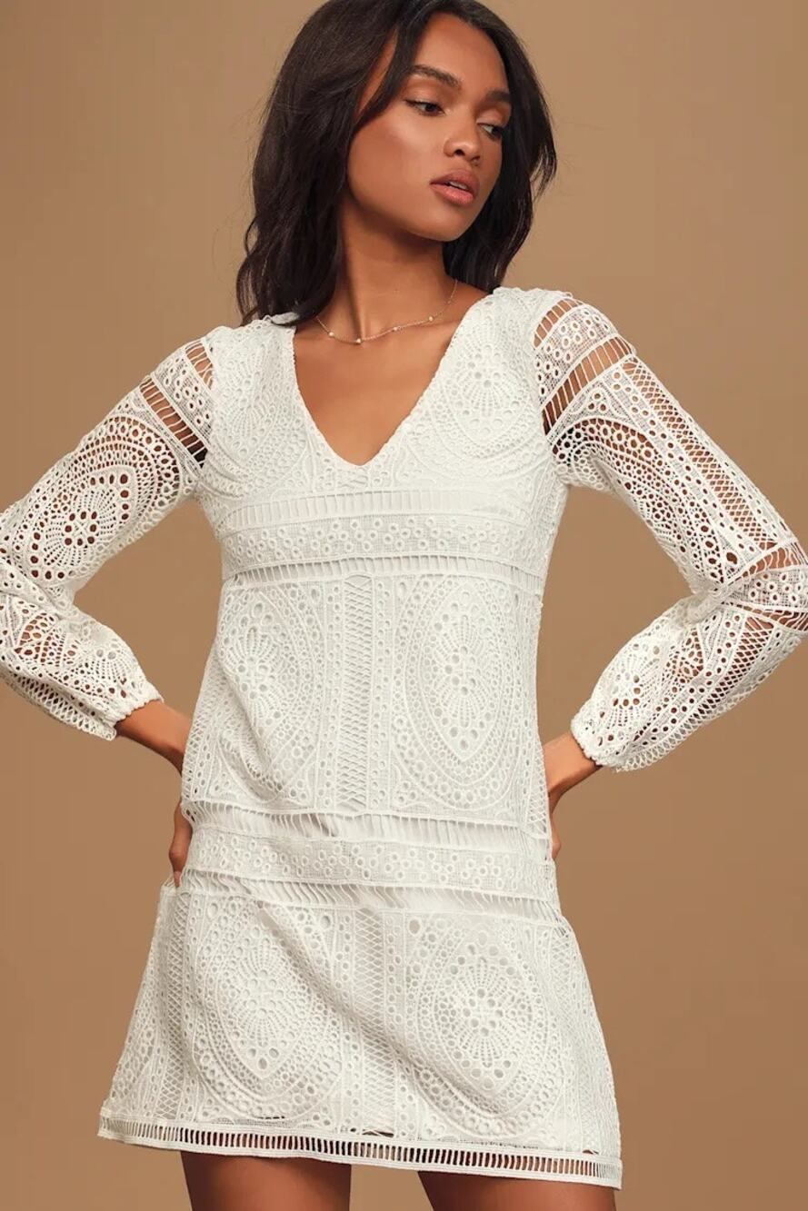 Lulu's Til the End of Time White Lace Shift Dress Small Long Sleeve Mini V Neck
